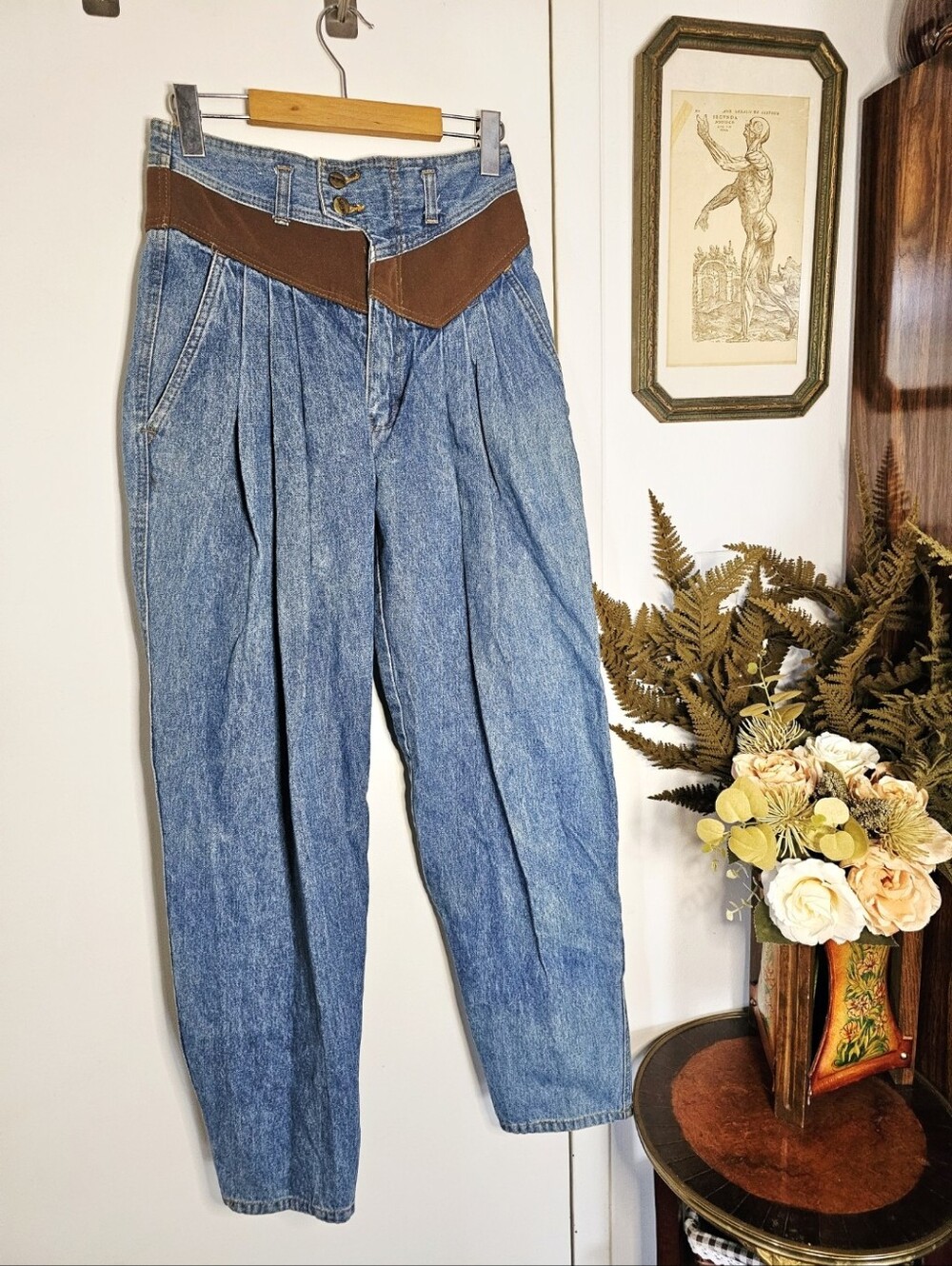 Vintage Western Pleated Balloon Jeans Faux Leather Yoke Rue Royal 80s 90s